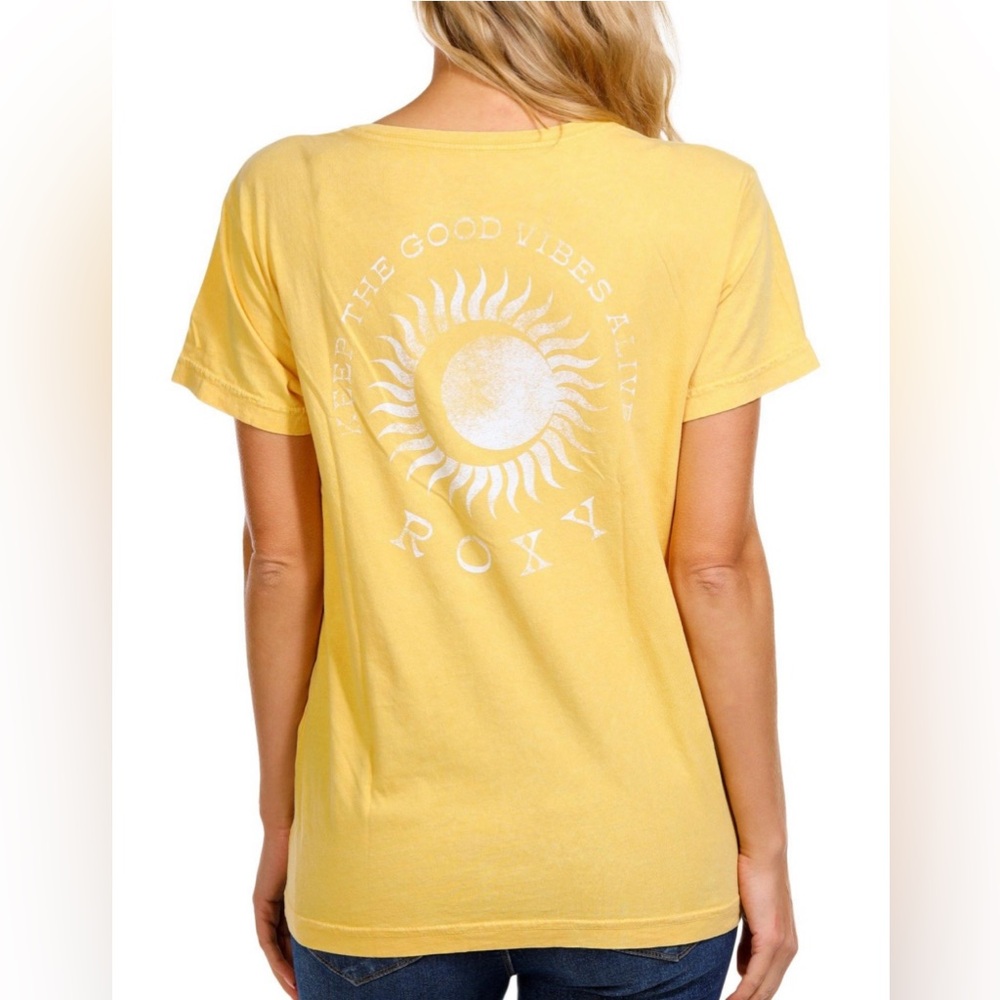 ROXY “Solstice” Yellow Cotton Vintage Style T-Shirt Tee Sun Moon Bohemian S